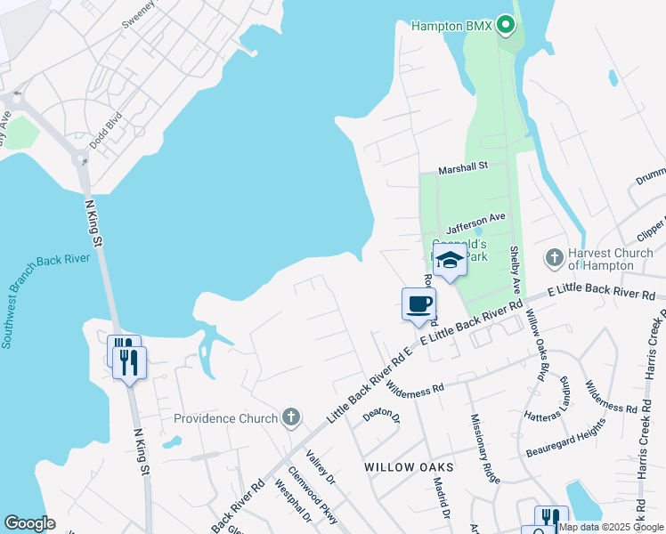 map of restaurants, bars, coffee shops, grocery stores, and more near 40 Old Meribeth Road in Hampton