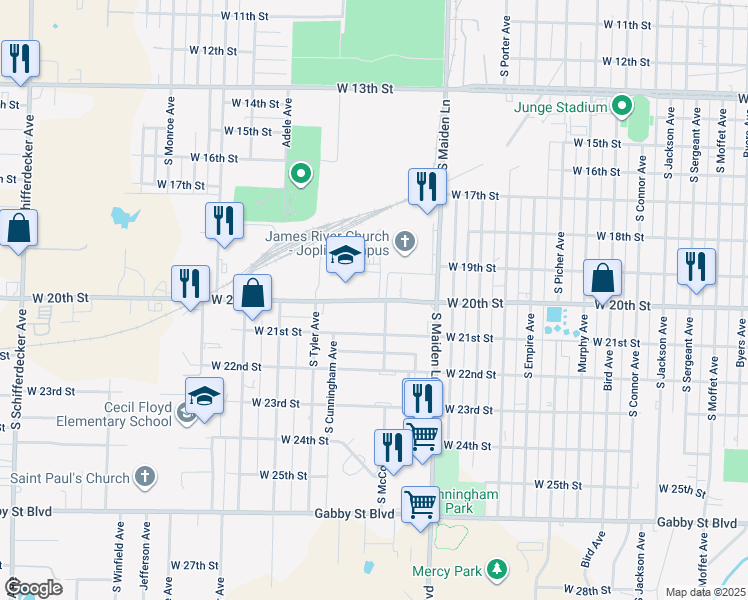 map of restaurants, bars, coffee shops, grocery stores, and more near 1823 West 20th Street in Joplin