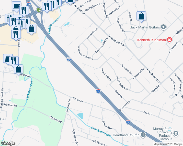 map of restaurants, bars, coffee shops, grocery stores, and more near Interstate 24 in Paducah