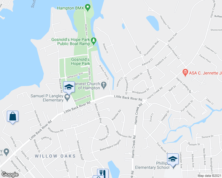 map of restaurants, bars, coffee shops, grocery stores, and more near 1019 Little Back River Road in Hampton