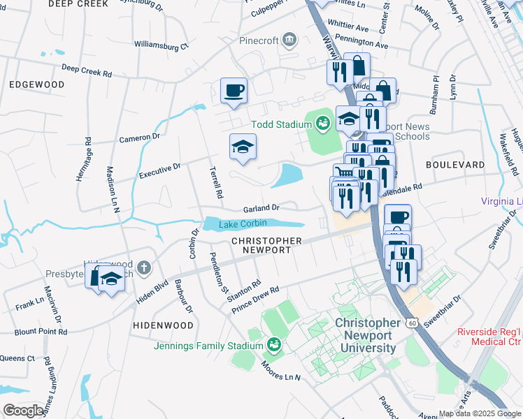 map of restaurants, bars, coffee shops, grocery stores, and more near in Newport News