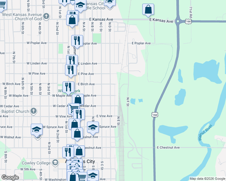map of restaurants, bars, coffee shops, grocery stores, and more near 706 North D Street in Arkansas City