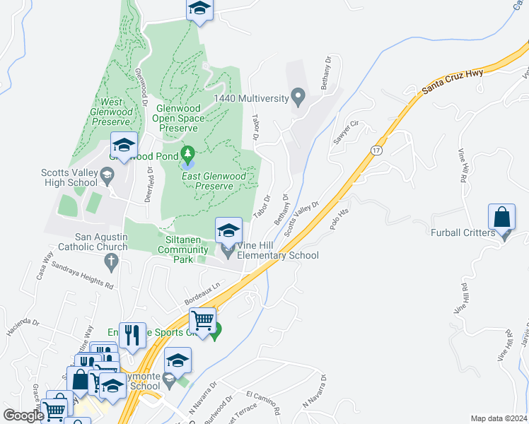 map of restaurants, bars, coffee shops, grocery stores, and more near 340 Tabor Drive in Scotts Valley