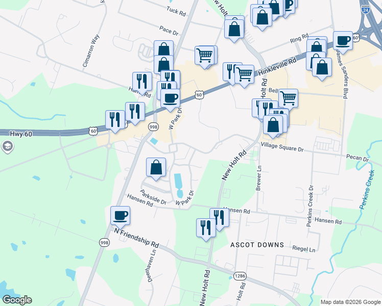 map of restaurants, bars, coffee shops, grocery stores, and more near 2106 West Park Drive in Paducah