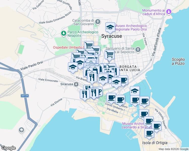 map of restaurants, bars, coffee shops, grocery stores, and more near 18 Via del Colle Temenite in Siracusa