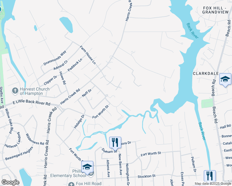 map of restaurants, bars, coffee shops, grocery stores, and more near 5 Wild Flower Circle in Hampton