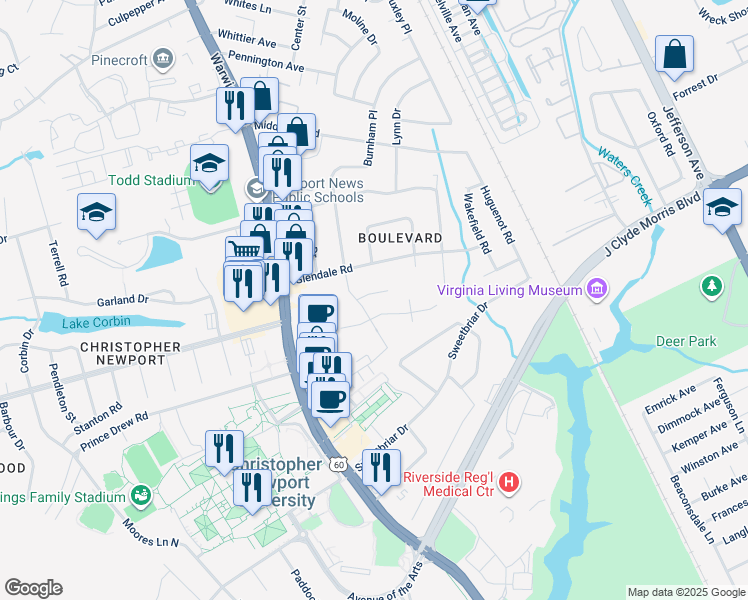 map of restaurants, bars, coffee shops, grocery stores, and more near 22 Padgett Court in Newport News