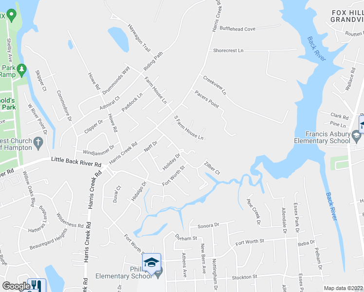 map of restaurants, bars, coffee shops, grocery stores, and more near 21 Harris Landing Road in Hampton