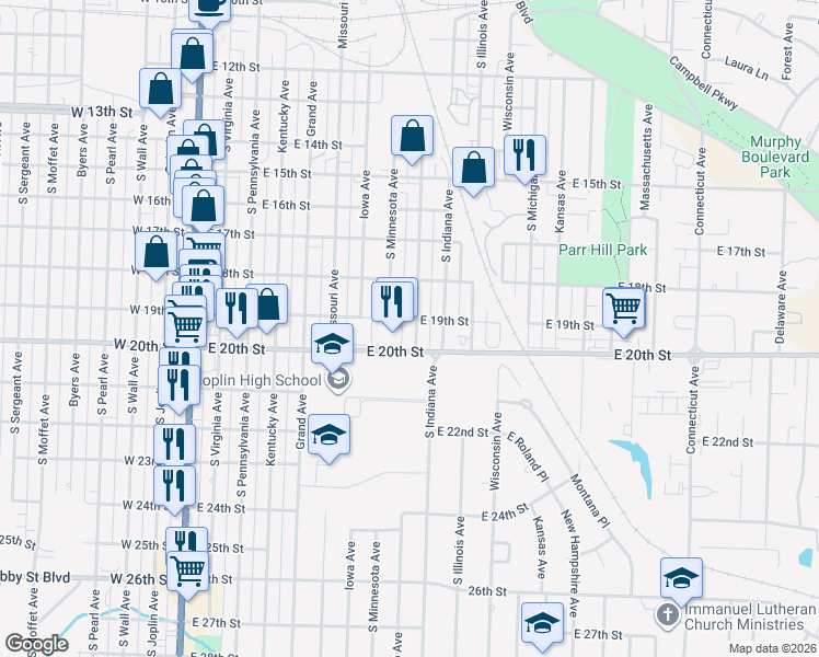 map of restaurants, bars, coffee shops, grocery stores, and more near 801-855 East 20th Street in Joplin