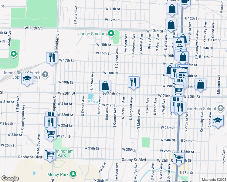 map of restaurants, bars, coffee shops, grocery stores, and more near 2003 Bird Avenue in Joplin