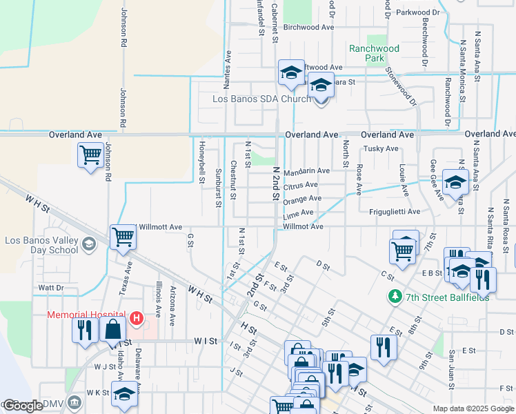 map of restaurants, bars, coffee shops, grocery stores, and more near 107 Lime Avenue in Los Banos