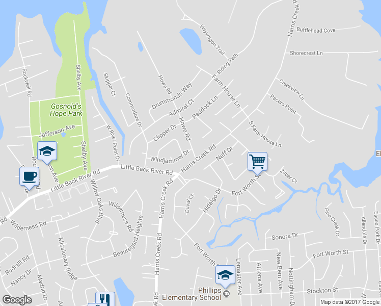 map of restaurants, bars, coffee shops, grocery stores, and more near 1060 Windjammer Drive in Hampton