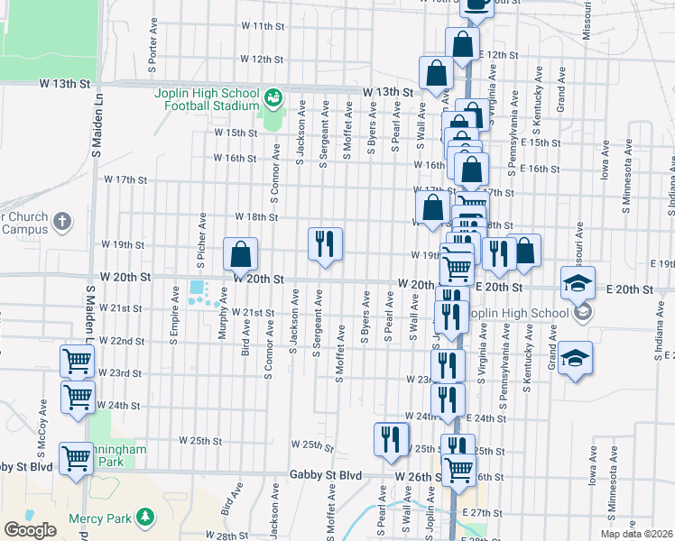 map of restaurants, bars, coffee shops, grocery stores, and more near 2001 South Moffet Avenue in Joplin