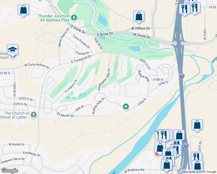 map of restaurants, bars, coffee shops, grocery stores, and more near 2241 Putters Circle in St. George