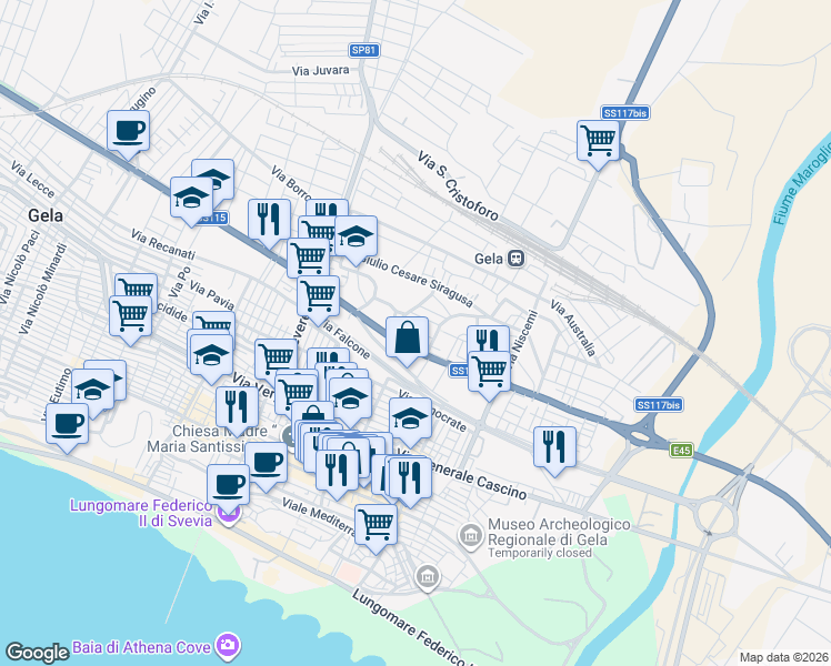 map of restaurants, bars, coffee shops, grocery stores, and more near 104 Via Venezia in Gela