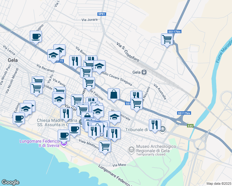 map of restaurants, bars, coffee shops, grocery stores, and more near 104 Via Venezia in Gela