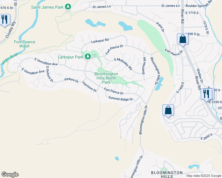 map of restaurants, bars, coffee shops, grocery stores, and more near 935 East Fort Pierce Drive in St. George