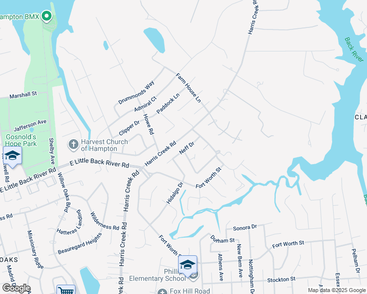 map of restaurants, bars, coffee shops, grocery stores, and more near 17 Neff Drive in Hampton