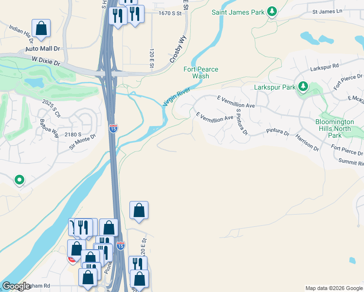 map of restaurants, bars, coffee shops, grocery stores, and more near 2255 Hill Road in St. George