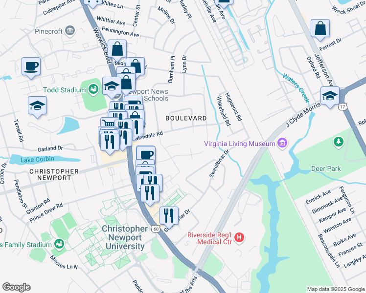 map of restaurants, bars, coffee shops, grocery stores, and more near 30 Welford Lane in Newport News