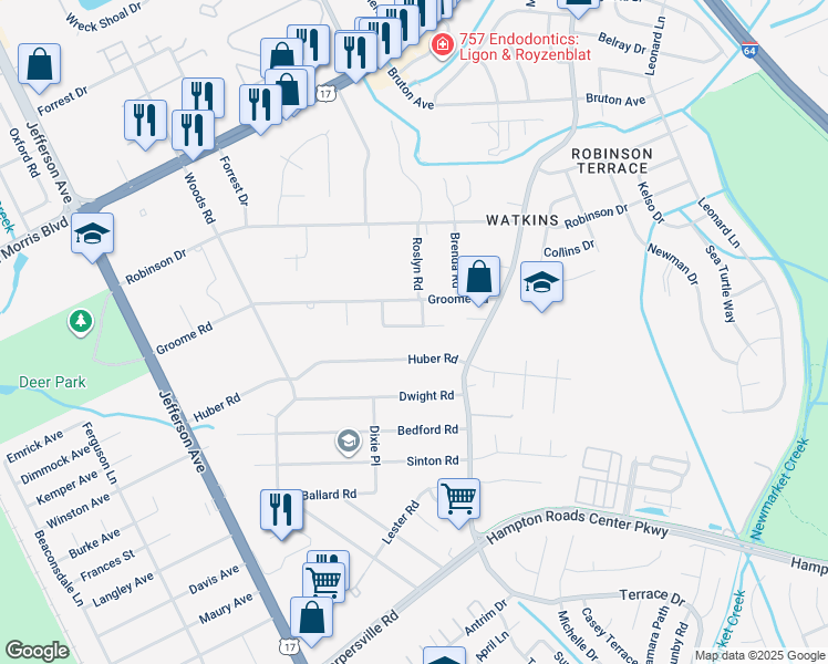 map of restaurants, bars, coffee shops, grocery stores, and more near 93 Huber Road in Newport News