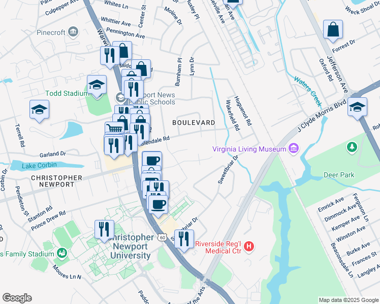 map of restaurants, bars, coffee shops, grocery stores, and more near 30 Welford Lane in Newport News