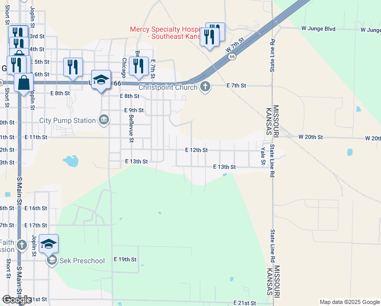map of restaurants, bars, coffee shops, grocery stores, and more near 1417 East 13th Street in Galena
