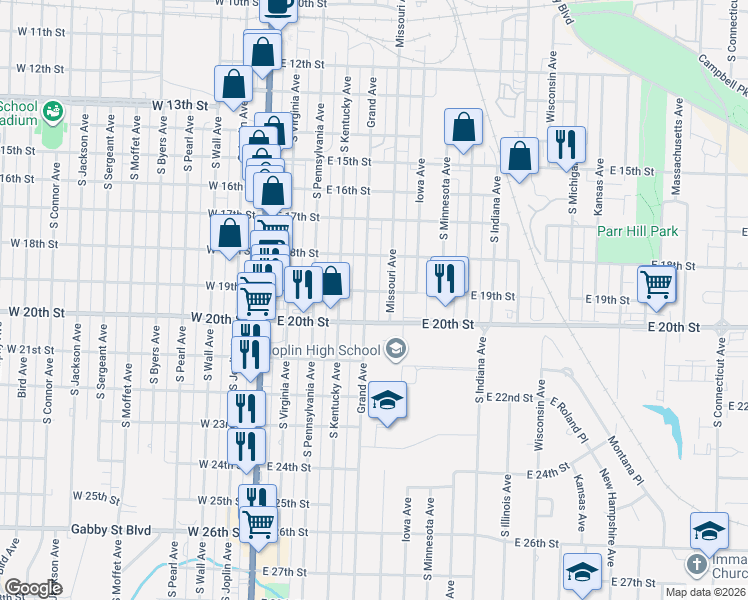 map of restaurants, bars, coffee shops, grocery stores, and more near 509 E 20th St in Joplin