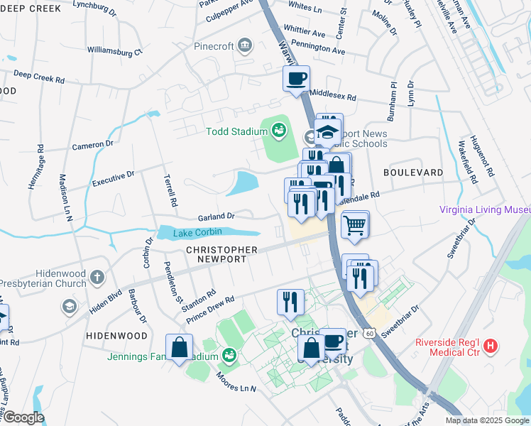 map of restaurants, bars, coffee shops, grocery stores, and more near 4 Garland Drive in Newport News