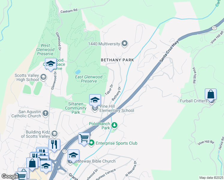 map of restaurants, bars, coffee shops, grocery stores, and more near 360 Tabor Drive in Scotts Valley