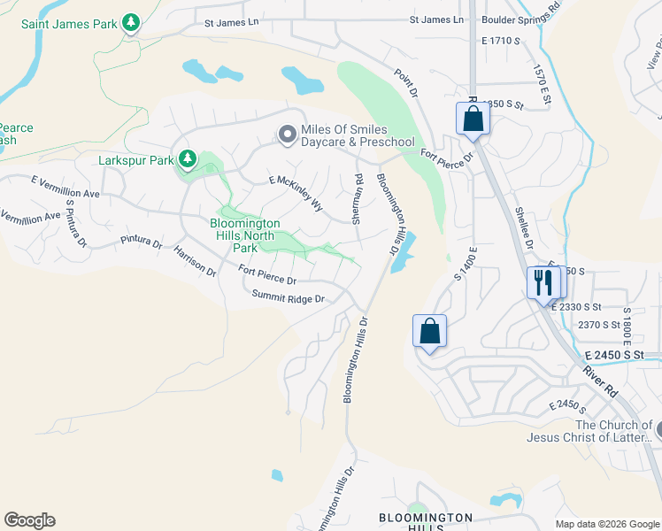 map of restaurants, bars, coffee shops, grocery stores, and more near 2274 Mountain View Circle in St. George