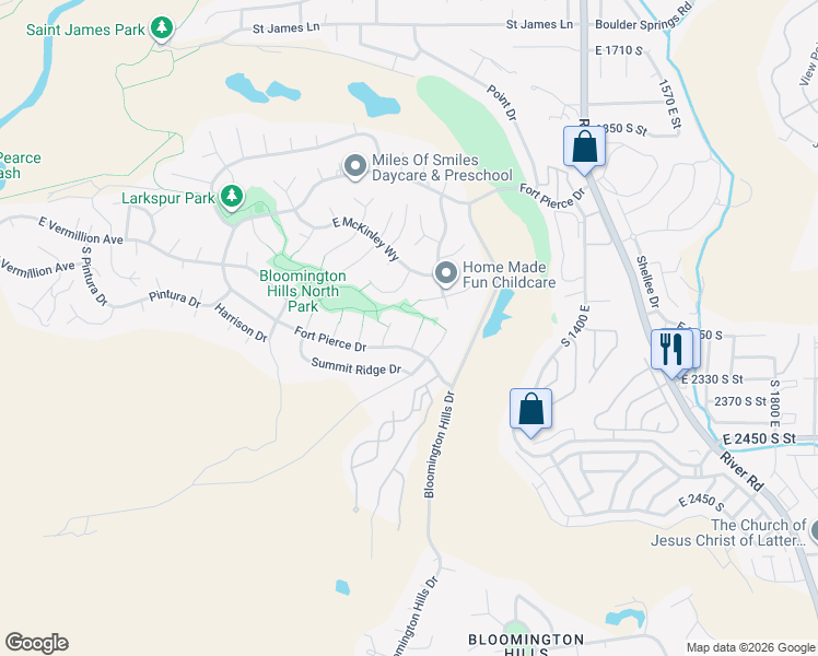 map of restaurants, bars, coffee shops, grocery stores, and more near 1613 Fort Pierce Drive in St. George