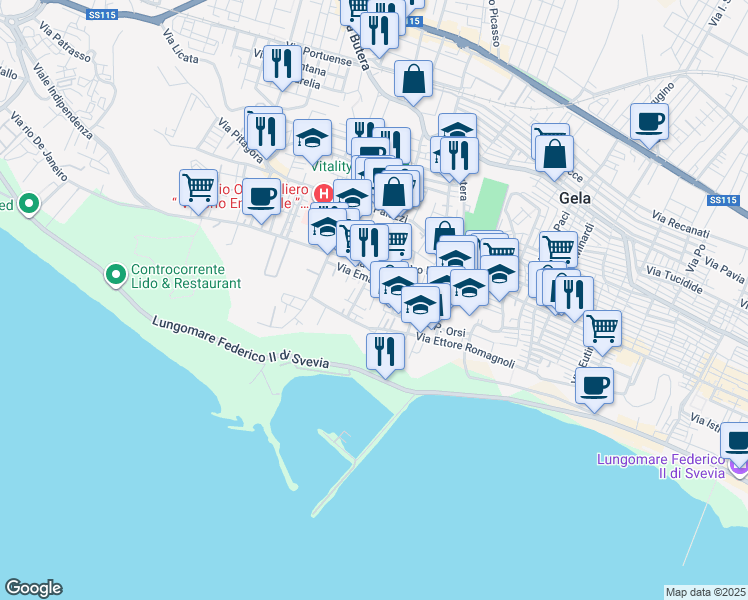 map of restaurants, bars, coffee shops, grocery stores, and more near 2 Via Meli in Gela