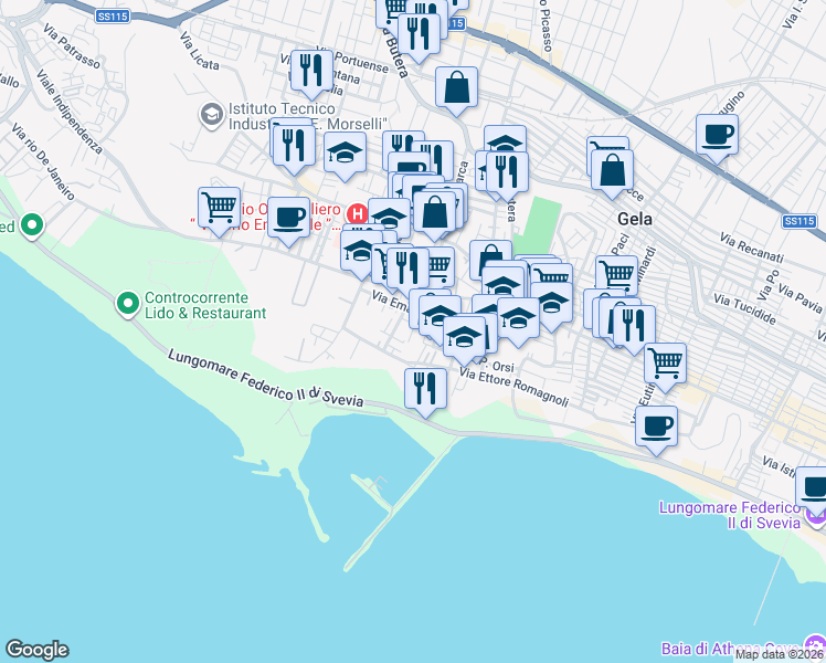 map of restaurants, bars, coffee shops, grocery stores, and more near 2 Via Meli in Gela