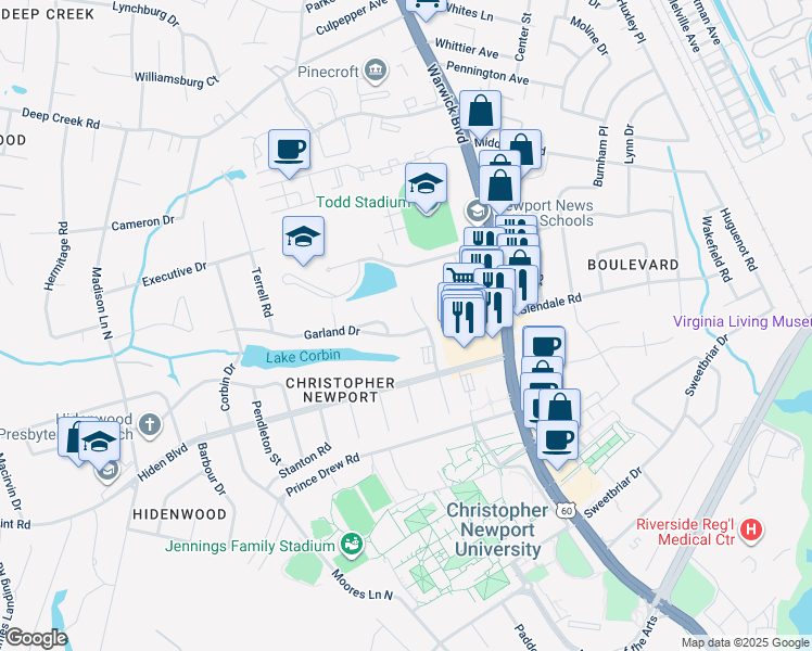 map of restaurants, bars, coffee shops, grocery stores, and more near 4 Garland Drive in Newport News