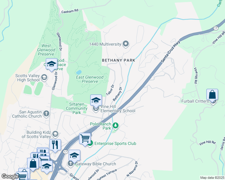 map of restaurants, bars, coffee shops, grocery stores, and more near 360 Tabor Drive in Scotts Valley