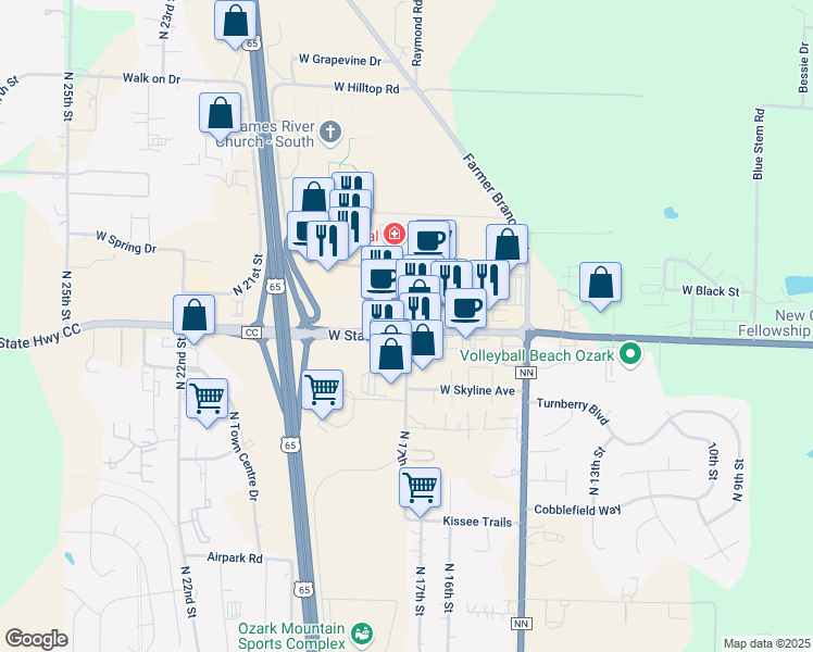 map of restaurants, bars, coffee shops, grocery stores, and more near 1659 State Highway J in Ozark