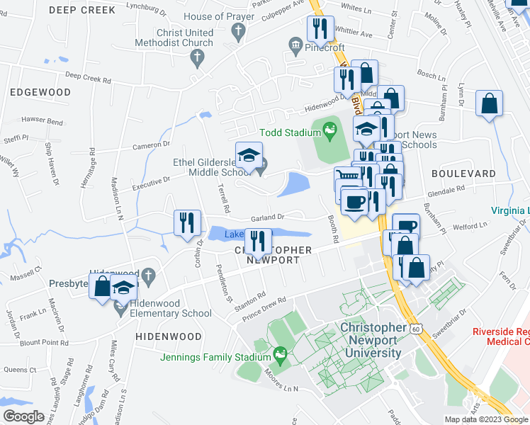 map of restaurants, bars, coffee shops, grocery stores, and more near 22 Garland Drive in Newport News