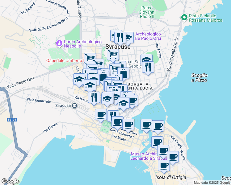 map of restaurants, bars, coffee shops, grocery stores, and more near 86 Via Re Ierone II in Syracuse