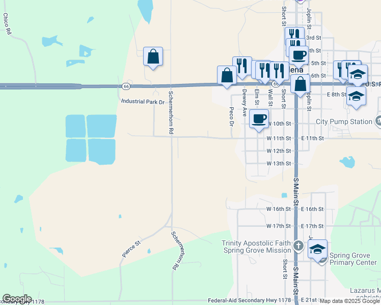 map of restaurants, bars, coffee shops, grocery stores, and more near 916 West 11th Street in Galena