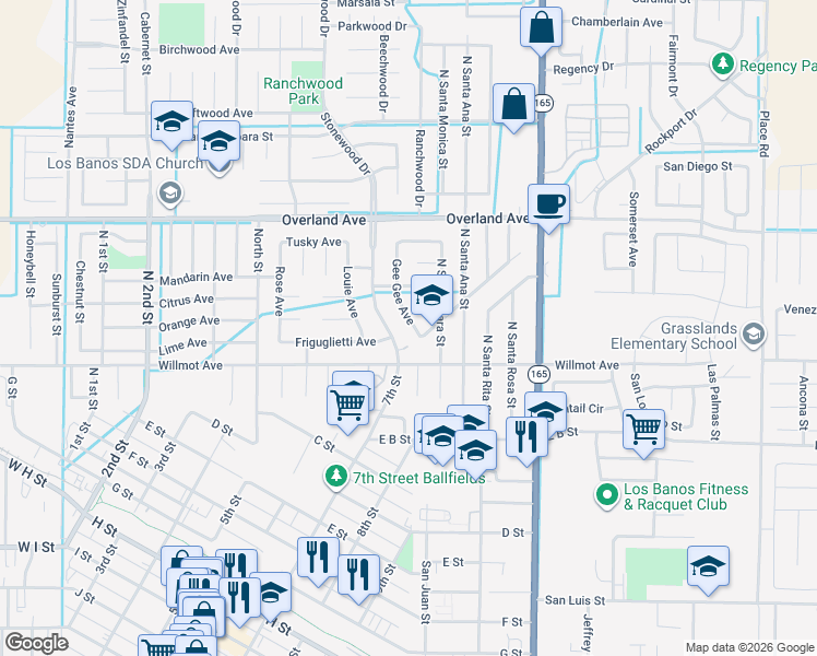 map of restaurants, bars, coffee shops, grocery stores, and more near 219 Gee Gee Avenue in Los Banos