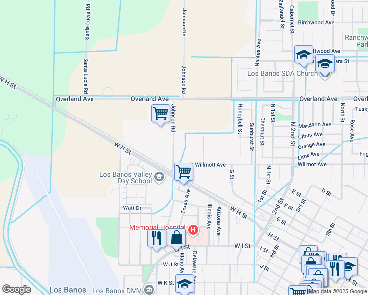map of restaurants, bars, coffee shops, grocery stores, and more near 604 Willmot Avenue in Los Banos