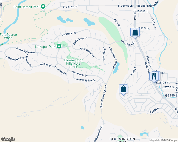 map of restaurants, bars, coffee shops, grocery stores, and more near 2145 Kennedy Place in St. George