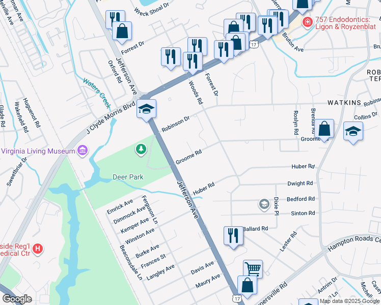 map of restaurants, bars, coffee shops, grocery stores, and more near 11 Groome Road in Newport News