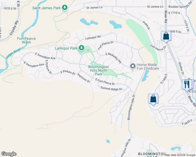 map of restaurants, bars, coffee shops, grocery stores, and more near 885 East Fort Pierce Drive in St. George