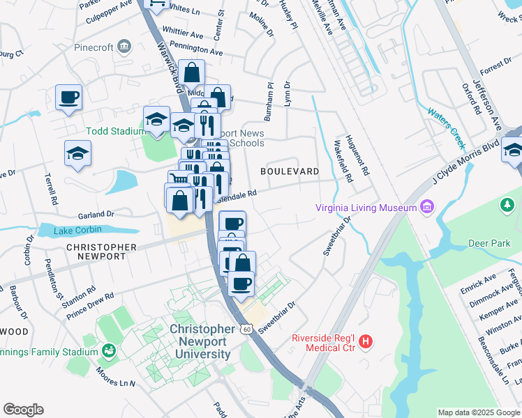 map of restaurants, bars, coffee shops, grocery stores, and more near 28 Glendale Road in Newport News