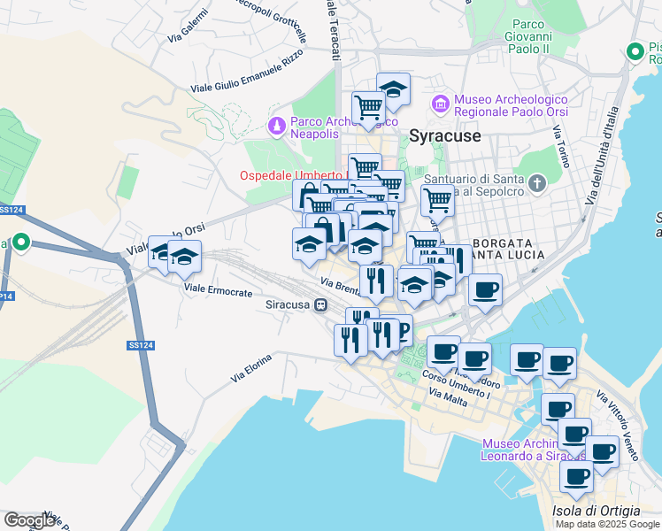 map of restaurants, bars, coffee shops, grocery stores, and more near 6 Via Sele in Siracusa