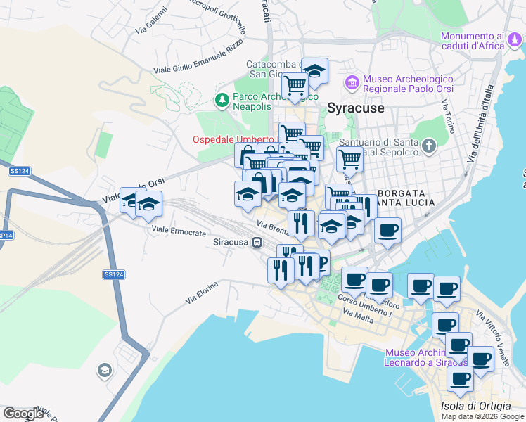 map of restaurants, bars, coffee shops, grocery stores, and more near 6 Via Sele in Siracusa