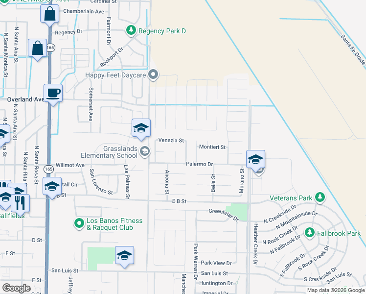 map of restaurants, bars, coffee shops, grocery stores, and more near 2081 Venezia Street in Los Banos
