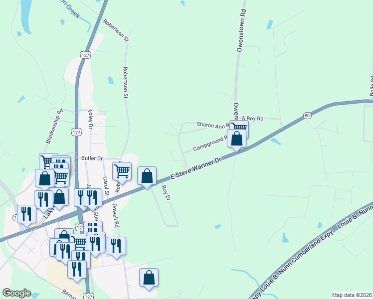 map of restaurants, bars, coffee shops, grocery stores, and more near 101 Campground Road in Russell Springs